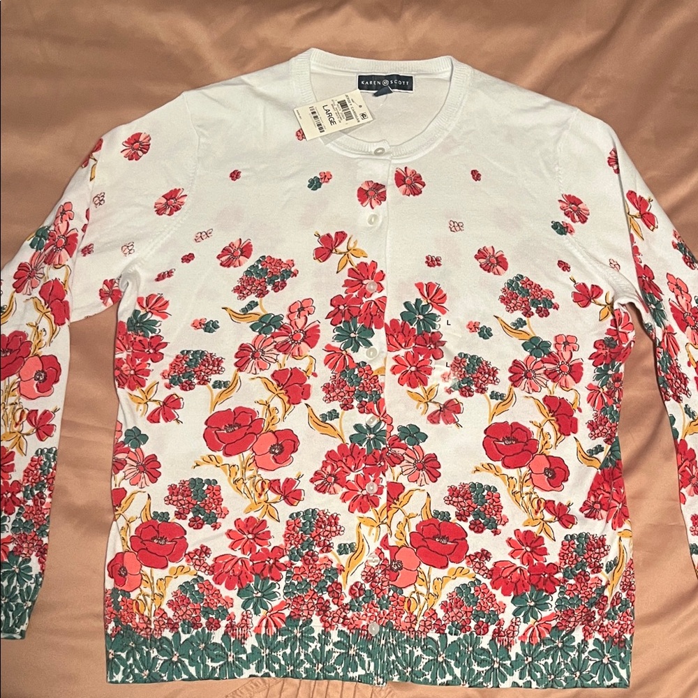 Karen Scott White Cardigan with Red and Green Floral Pattern